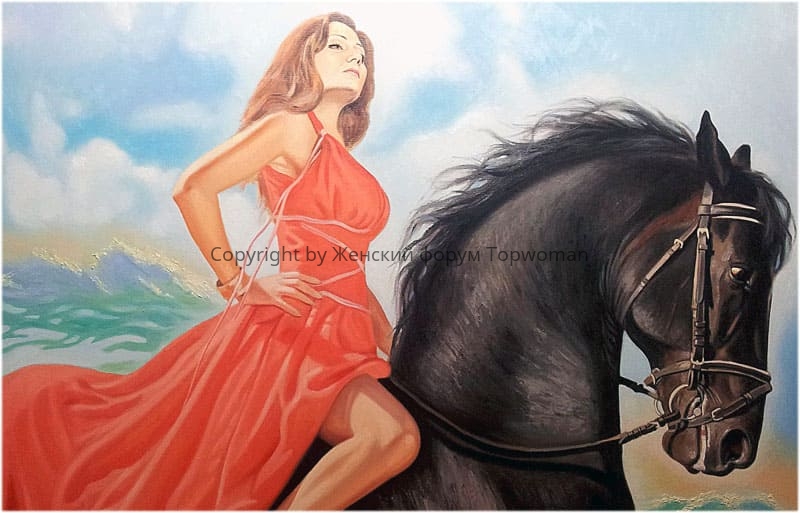 Женщина прогуливается с чёрной лошадью у водоёма